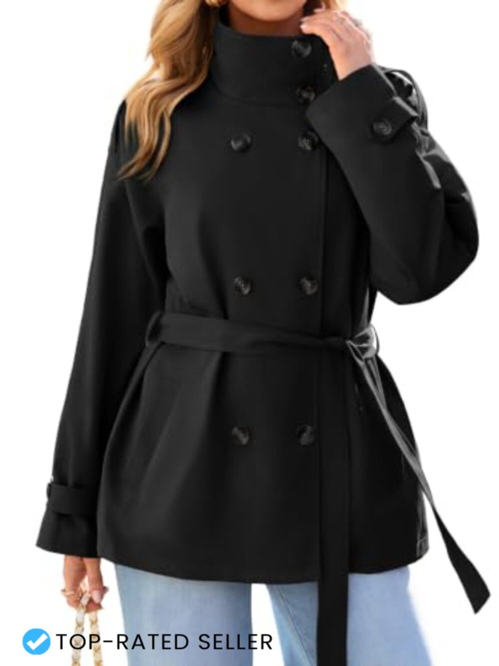Short Trench Coat Double Breasted Stand Collar Fall Jacket